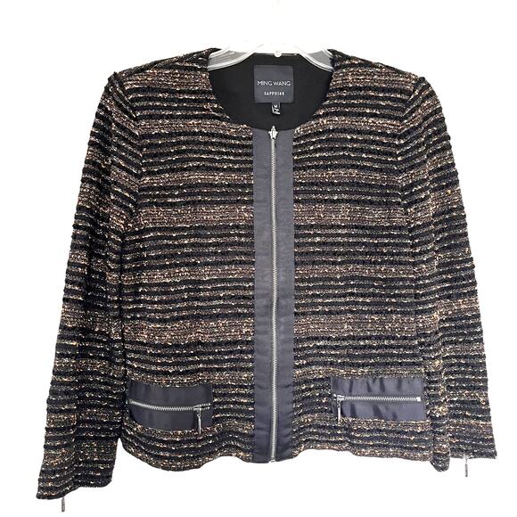 Ming Wang Sapphire Black Orange Striped Tweed Zip Up Evening Jacket Size Medium - Picture 1 of 6